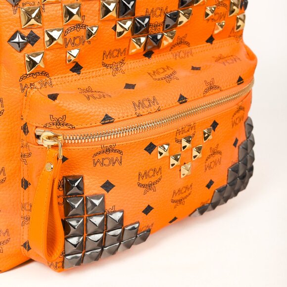 MCM Stark Metal Studs Orange Monogram Backpack - Picture 9 of 15
